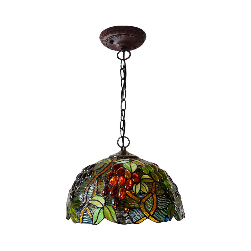 2-Light Domed Ceiling Chandelier With Stained Glass Tiffany Pendant Lighting In Red Green And Purple