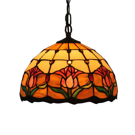 Mediterranean Black Blossom Down Lighting Pendant Light With Colorful Stained Glass - 1