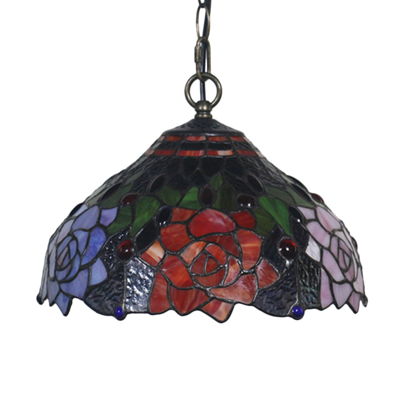 Mediterranean Black Blossom Down Lighting Pendant Light With Colorful Stained Glass - 1