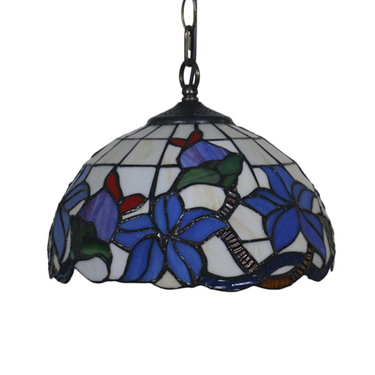 Mediterranean Black Blossom Down Lighting Pendant Light With Colorful Stained Glass - 1
