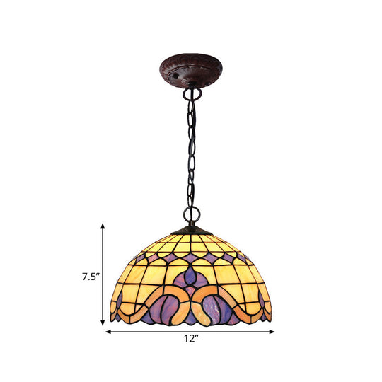 Tiffany-Style Blue Stained Glass Domed Drop Pendant - 12’/16’ Sizes Coffee Chandelier Light For