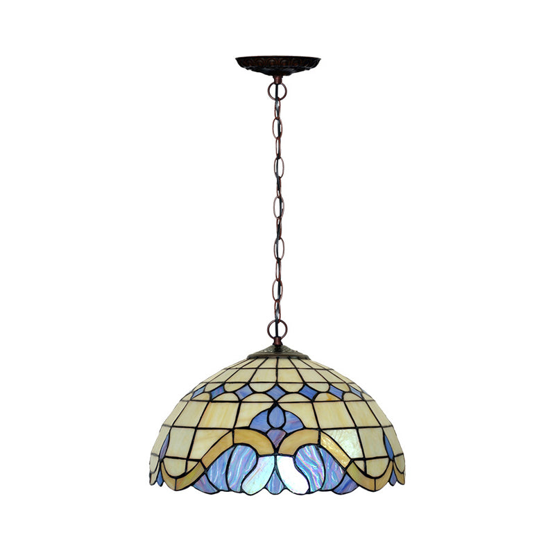 Tiffany-Style Blue Stained Glass Domed Drop Pendant - 12’/16’ Sizes Coffee Chandelier Light For