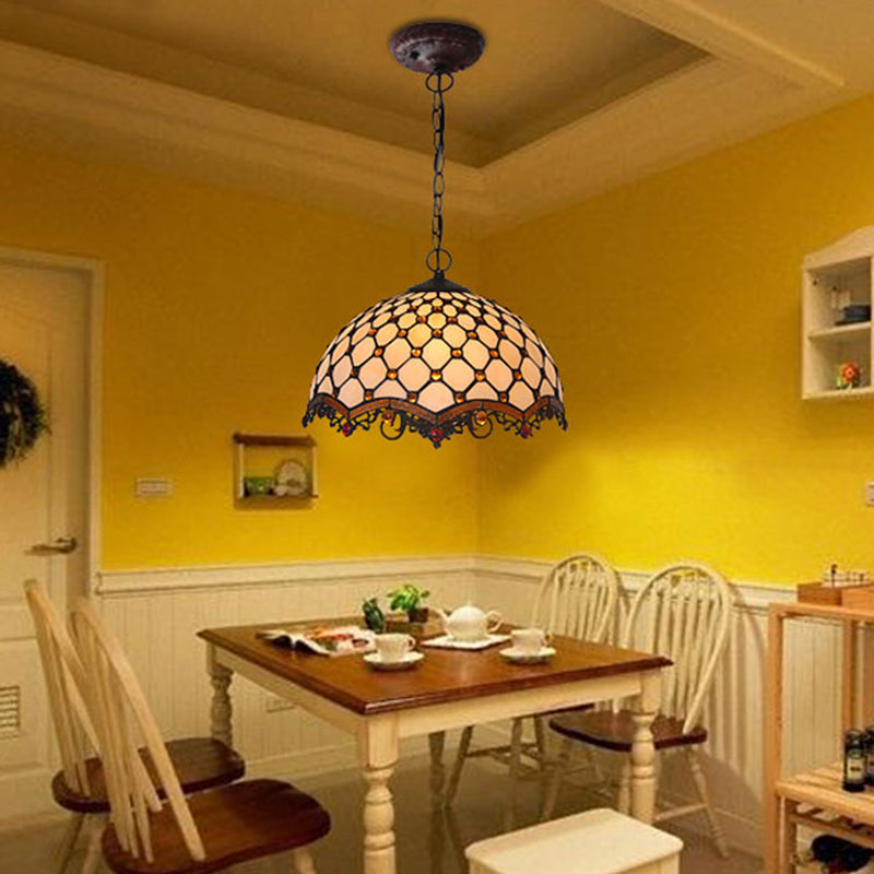 Mediterranean Beige Stained Glass Ceiling Lamp: Scalloped Design 1 Light Suspension Pendant For