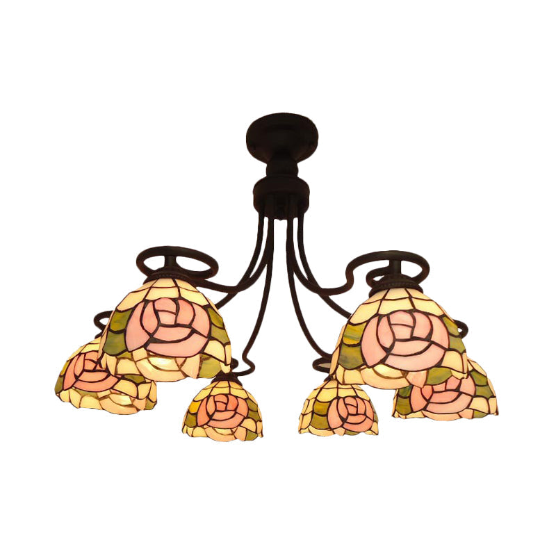 Tiffany Pink Cut Glass Ceiling Light With 6 Lights And Rose Flush Mount For Bedroom