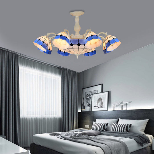 Tiffany - Style Semi Flush Ceiling Lamp: Grid Patterned Blue Cut Glass - Ideal For Living Room