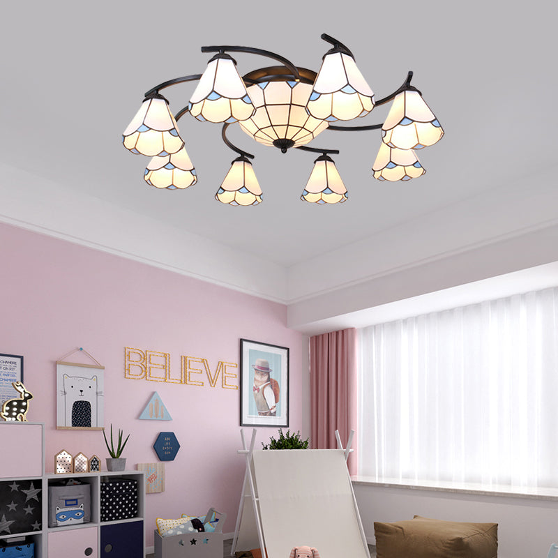 Dome/Conical Semi Flush Mount Mediterranean Ceiling Lamp - 11 Lights White/Blue Glass Ideal For