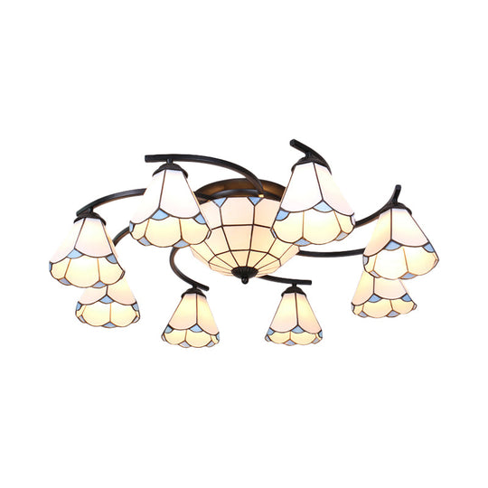Dome/Conical Semi Flush Mount Mediterranean Ceiling Lamp - 11 Lights White/Blue Glass Ideal For