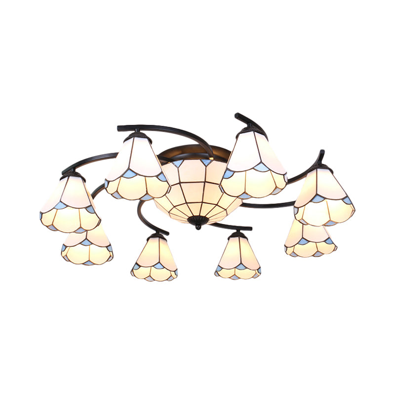 Dome/Conical Semi Flush Mount Mediterranean Ceiling Lamp - 11 Lights White/Blue Glass Ideal For