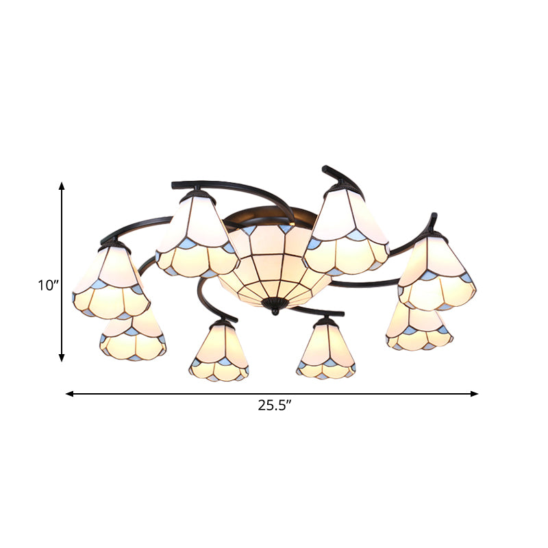 Dome/Conical Semi Flush Mount Mediterranean Ceiling Lamp - 11 Lights White/Blue Glass Ideal For