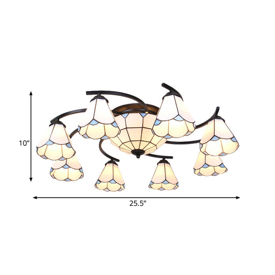 Dome/Conical Semi Flush Mount Mediterranean Ceiling Lamp - 11 Lights White/Blue Glass Ideal For