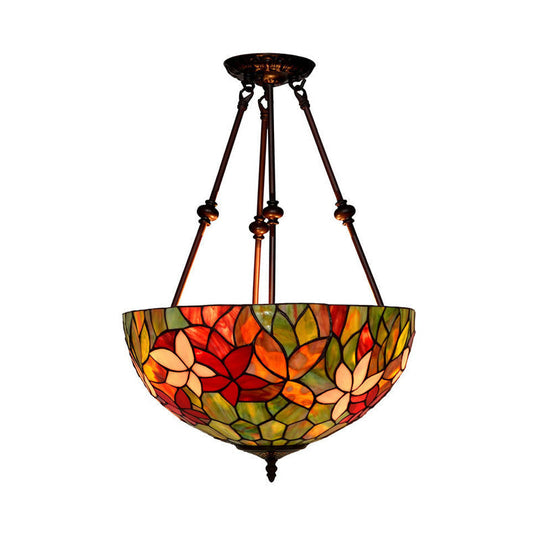 Victorian Stained Glass Ceiling Light With 3 Blossom Semi-Flush Mount Lights In Red/Orange/Green For