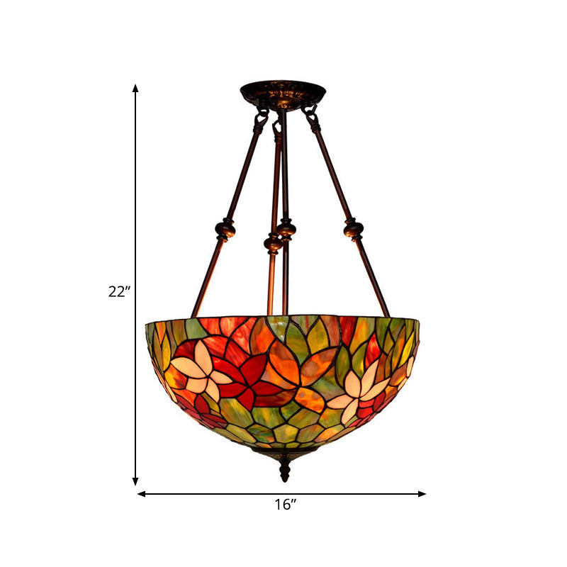 Victorian Stained Glass Ceiling Light With 3 Blossom Semi-Flush Mount Lights In Red/Orange/Green