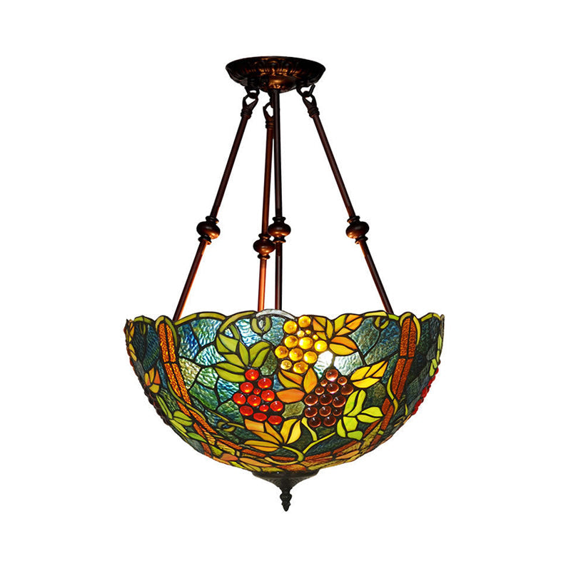 Victorian Stained Glass Ceiling Light With 3 Blossom Semi-Flush Mount Lights In Red/Orange/Green