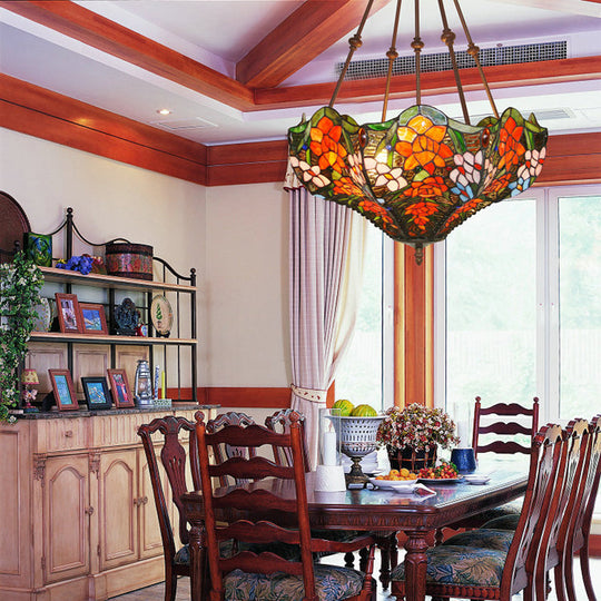 Victorian Stained Glass Ceiling Light With 3 Blossom Semi-Flush Mount Lights In Red/Orange/Green