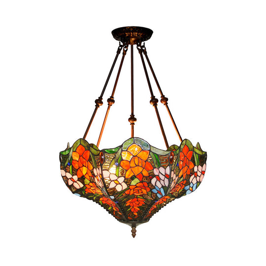 Victorian Stained Glass Ceiling Light With 3 Blossom Semi-Flush Mount Lights In Red/Orange/Green For