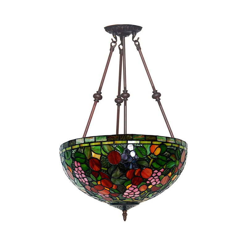 Victorian Bronze Ceiling Light Fixture With Stained Glass Dome Shade - 2-Light Semi Flush For