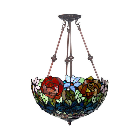 Victorian Bronze Ceiling Light Fixture With Stained Glass Dome Shade - 2-Light Semi Flush For