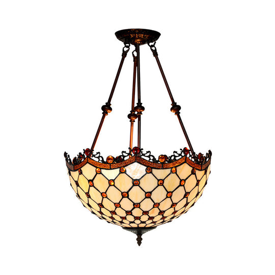 Beige Glass Semi Flush Tiffany Style Ceiling Mount With Beaded Accents - 16’/18’ Wide 2-Light