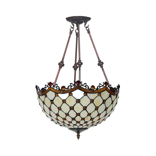 Beige Glass Semi Flush Tiffany Style Ceiling Mount With Beaded Accents - 16’/18’ Wide 2-Light