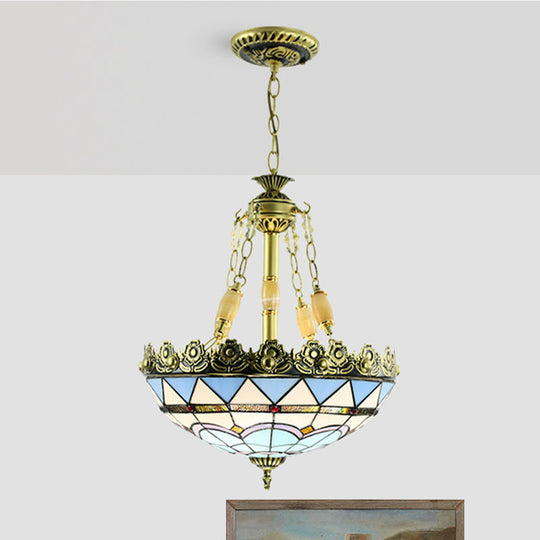 Mediterranean Stained Glass Chandelier - 3/4 Lights Yellow/Blue 12’/16’ W Kitchen Hanging Light