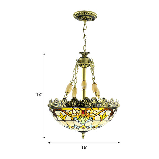 Mediterranean Stained Glass Chandelier - 3/4 Lights Yellow/Blue 12’/16’ W Kitchen Hanging Light Kit