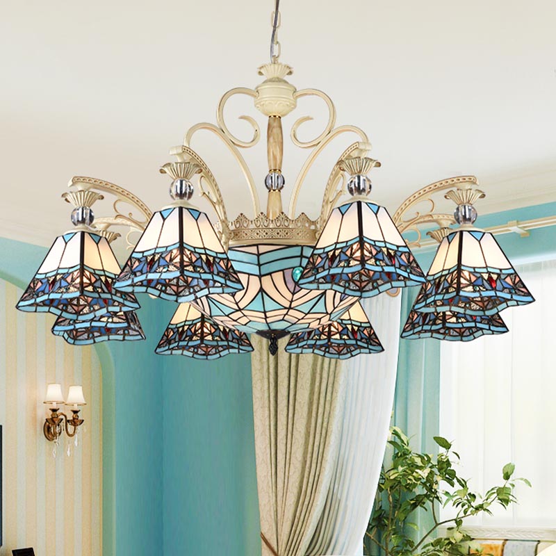 Baroque Stained Glass Pyramid Chandelier with 11 Blue Lights Elegant Ceiling Suspension Lamp Blue