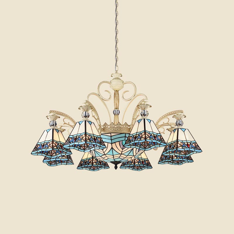 Baroque Stained Glass Pyramid Chandelier with 11 Blue Lights Elegant Ceiling Suspension Lamp Blue