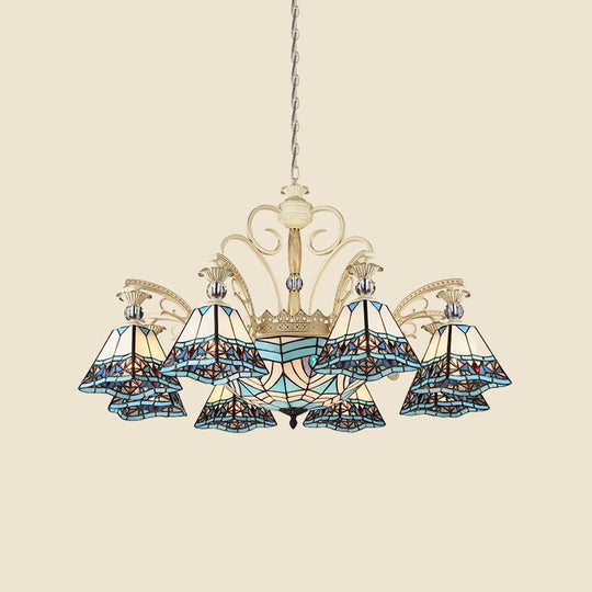 Blue Stained Glass Chandelier - 11-Light Pyramid Baroque Ceiling Lamp
