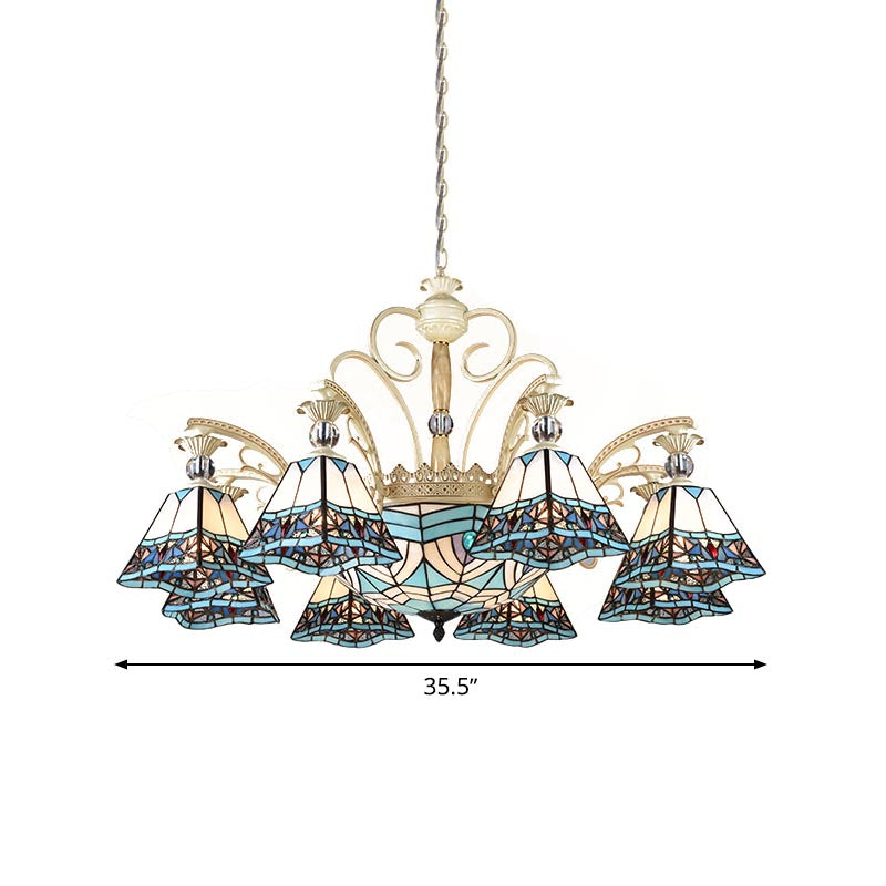 Baroque Stained Glass Pyramid Chandelier with 11 Blue Lights Elegant Ceiling Suspension Lamp Blue