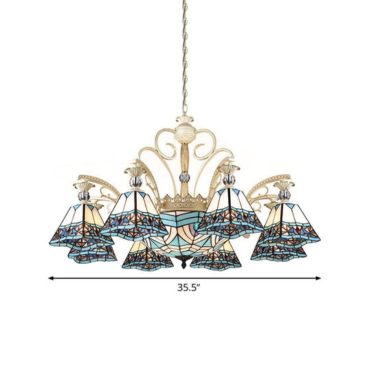 Baroque Stained Glass Pyramid Chandelier with 11 Blue Lights Elegant Ceiling Suspension Lamp Blue