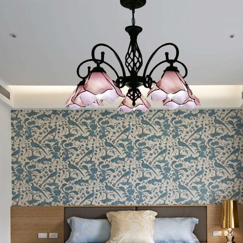 Tiffany Glass Petal Chandelier Light Fixture - 5/8 Lights With Black Ceiling Pendant For Bedroom In