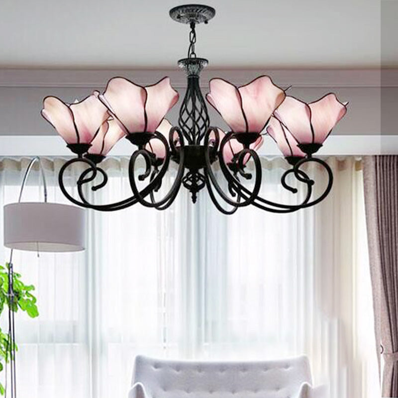 Tiffany Glass Petal Chandelier Light Fixture - 5/8 Lights With Black Ceiling Pendant For Bedroom In