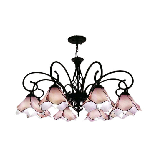 Tiffany Glass Petal Chandelier Light Fixture - 5/8 Lights With Black Ceiling Pendant For Bedroom In