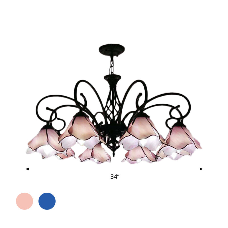 Tiffany Glass Petal Chandelier Light Fixture - 5/8 Lights With Black Ceiling Pendant For Bedroom In