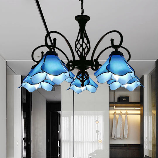 Tiffany Glass Petal Chandelier Light Fixture - 5/8 Lights With Black Ceiling Pendant For Bedroom In