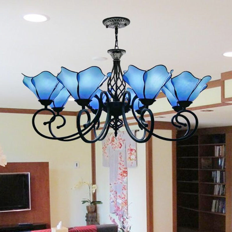 Tiffany Glass Petal Chandelier Light Fixture - 5/8 Lights With Black Ceiling Pendant For Bedroom In