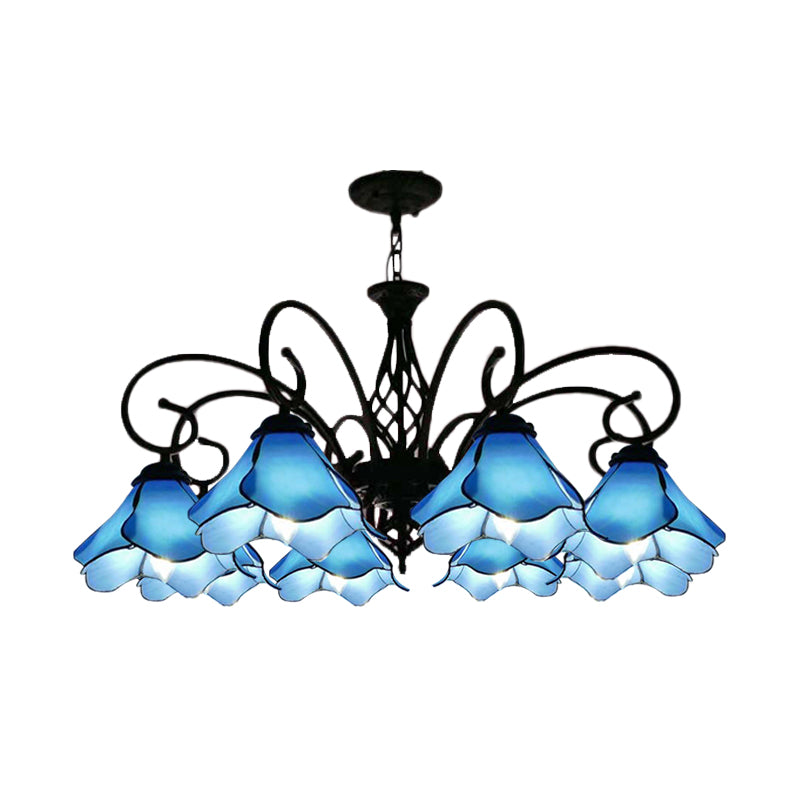 Tiffany Glass Petal Chandelier Light Fixture - 5/8 Lights With Black Ceiling Pendant For Bedroom In