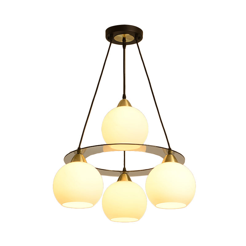 Contemporary 4-Head Black And Gold Chandelier Light With Opal Glass Shade