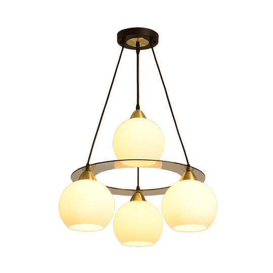 Contemporary 4-Head Black And Gold Chandelier Light With Opal Glass Shade