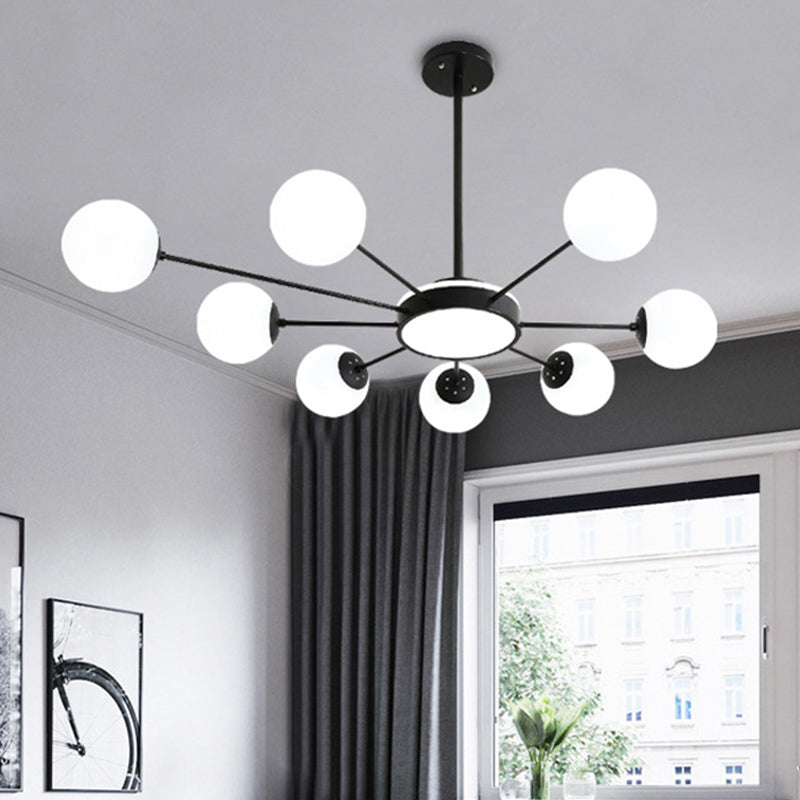 Modern White Glass Round Chandelier With 8 Black Pendant Lights
