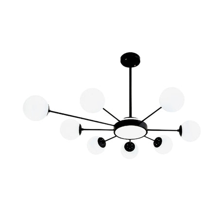 Modern White Glass Round Chandelier With 8 Black Pendant Lights