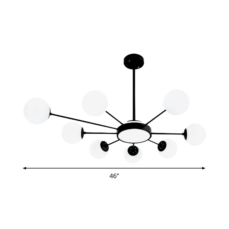 Modern White Glass Round Chandelier With 8 Black Pendant Lights