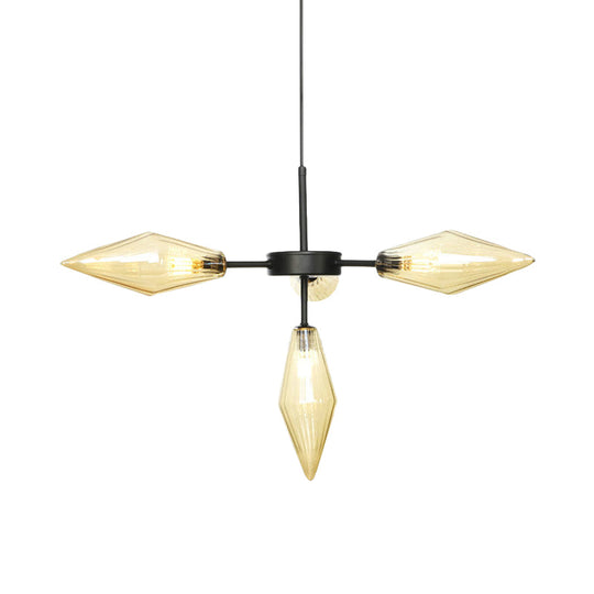 Modern Black Tapered Pendant Chandelier With 4 Heads Amber Glass Hanging Ceiling Light