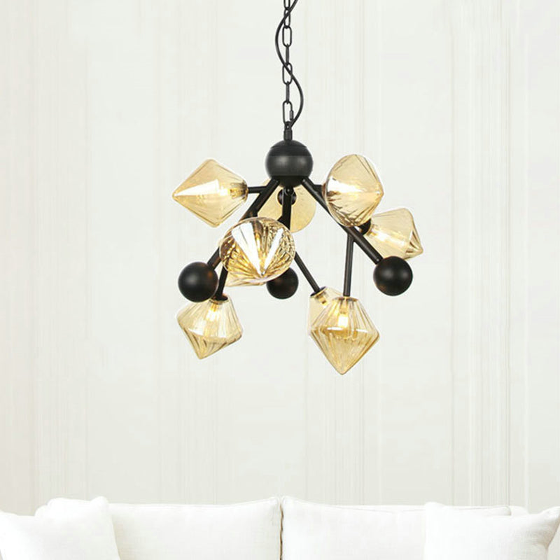 Modern Amber Glass Pyramid Chandelier - 9 Head Pendant Light For Dining Room Ceiling