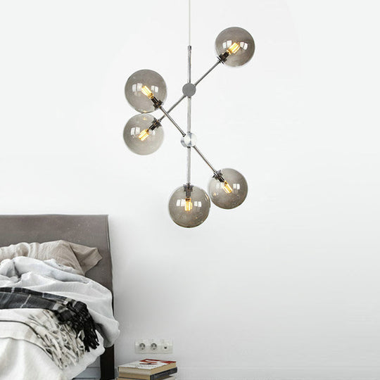 Contemporary Smoke Glass Ball Pendant Chandelier - 5 Bulbs Ceiling Light For Bedroom Gray