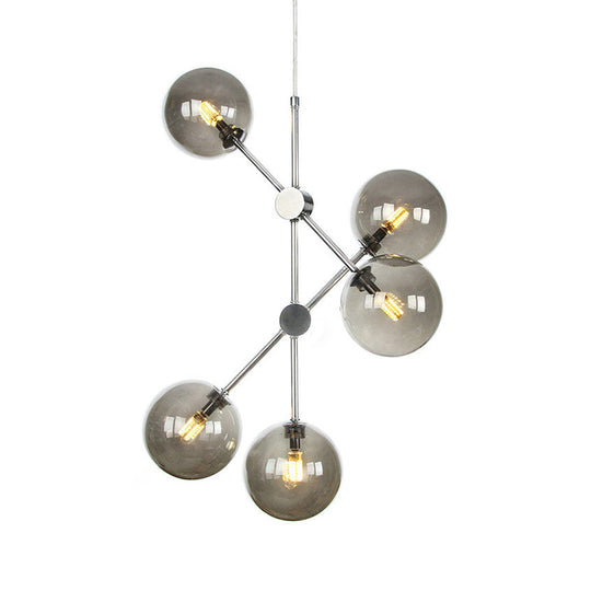Contemporary Smoke Glass Ball Pendant Chandelier - 5 Bulbs Ceiling Light For Bedroom