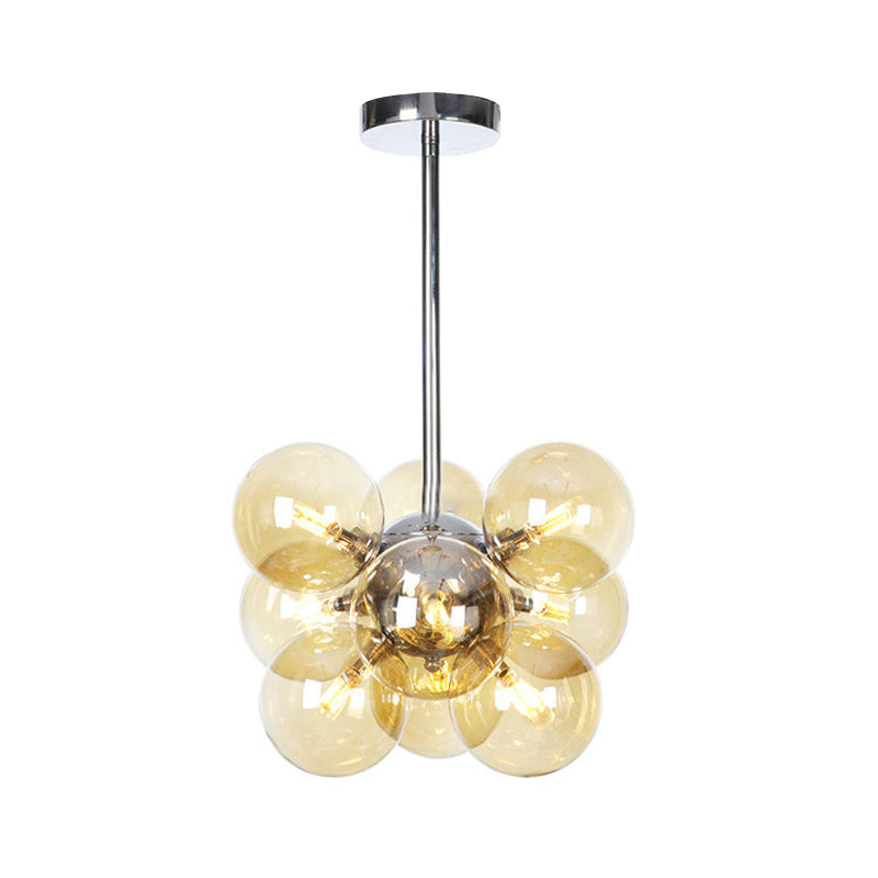Modern Chrome Pendant Chandelier With Amber Glass Shade - 9 Heads Orb Lighting Fixture