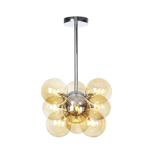 Modern Chrome Pendant Chandelier With Amber Glass Shade - 9 Heads Orb Lighting Fixture