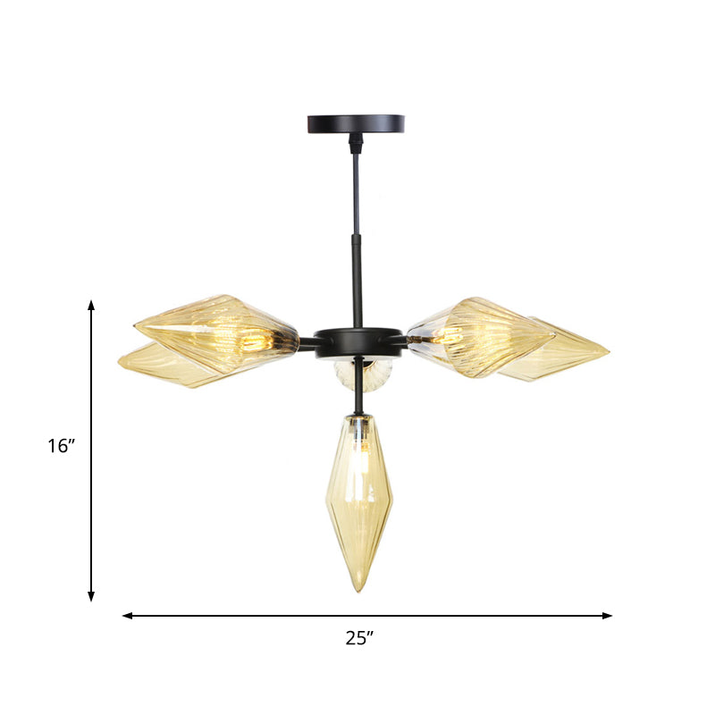 Modern Black Tapered Chandelier Lamp With 6 Amber Glass Heads - Stylish Ceiling Pendant Light
