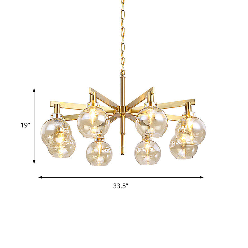 Stylish 8-Head Gold Ball Chandelier With Amber Glass Shade - Modern Ceiling Hanging Light
